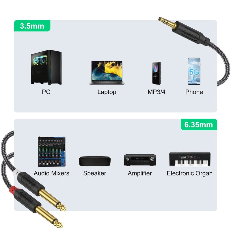 J&D 3.5mm TRS to Dual 6.35mm TS Breakout Cable, Gold Plated Audiowave Series 1/8 to Dual 1/4 Stereo Cable Splitter with Nylon Braid Compatible with PC, Computer Sound Card, Mixer, Speaker, 6 Feet - Image 4